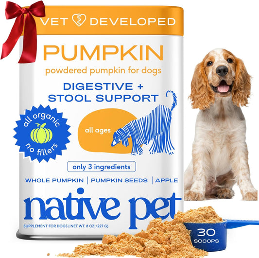 Native Pet Organic Powder Pumpkin Puree Dog Food Toppers, Rich in Fiber Supplement Powder Helps with Digestion, Nutrient Absorption, Diarrhea, Constipation & Upset Stomach, 8 oz (30 Scoops)