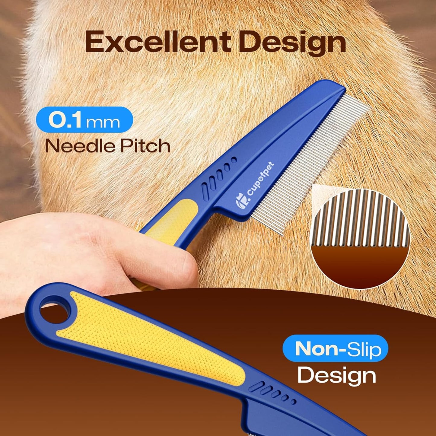 3-Pack Flea Comb with Rubber Handle, Fine Tooth Flea and Tick Combs for Dogs & Cats, Anti-Slip Pet Grooming Comb for Puppies, Kitties (Blue)