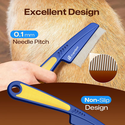 3-Pack Flea Comb with Rubber Handle, Fine Tooth Flea and Tick Combs for Dogs & Cats, Anti-Slip Pet Grooming Comb for Puppies, Kitties (Blue)