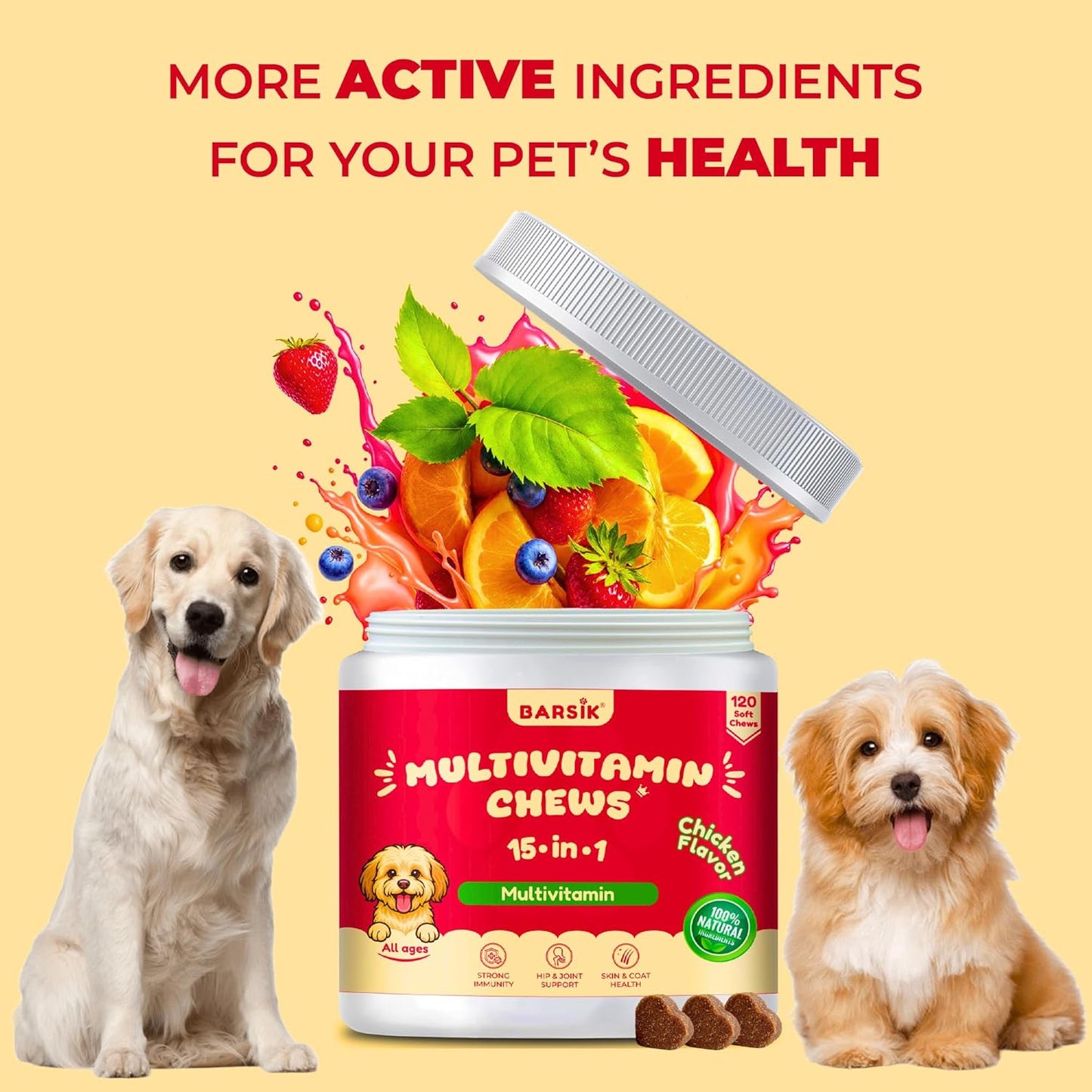 Dog Multivitamin, chewable multivitamin for Dogs, Supplements for Hip & Joints, Skin & Coat, Omega 3 Oil for Immune, Heart & Digestive Health, Senior & Puppy Multivitamin - Chicken Flavor - 120ct