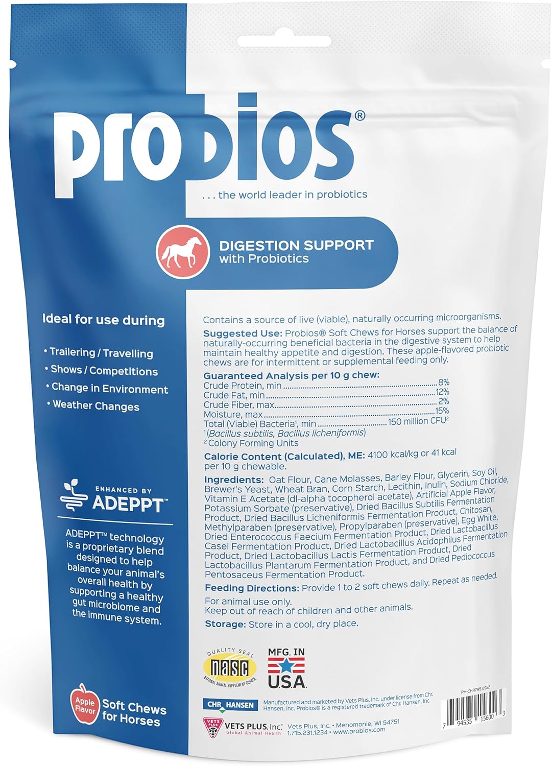 Probios for Horses Soft Chews, Daily Probiotic Supplement for Gut Health, Digestion & Immune Support, Horse Supplies, Apple Flavor, 1.32 lbs (600 Grams)