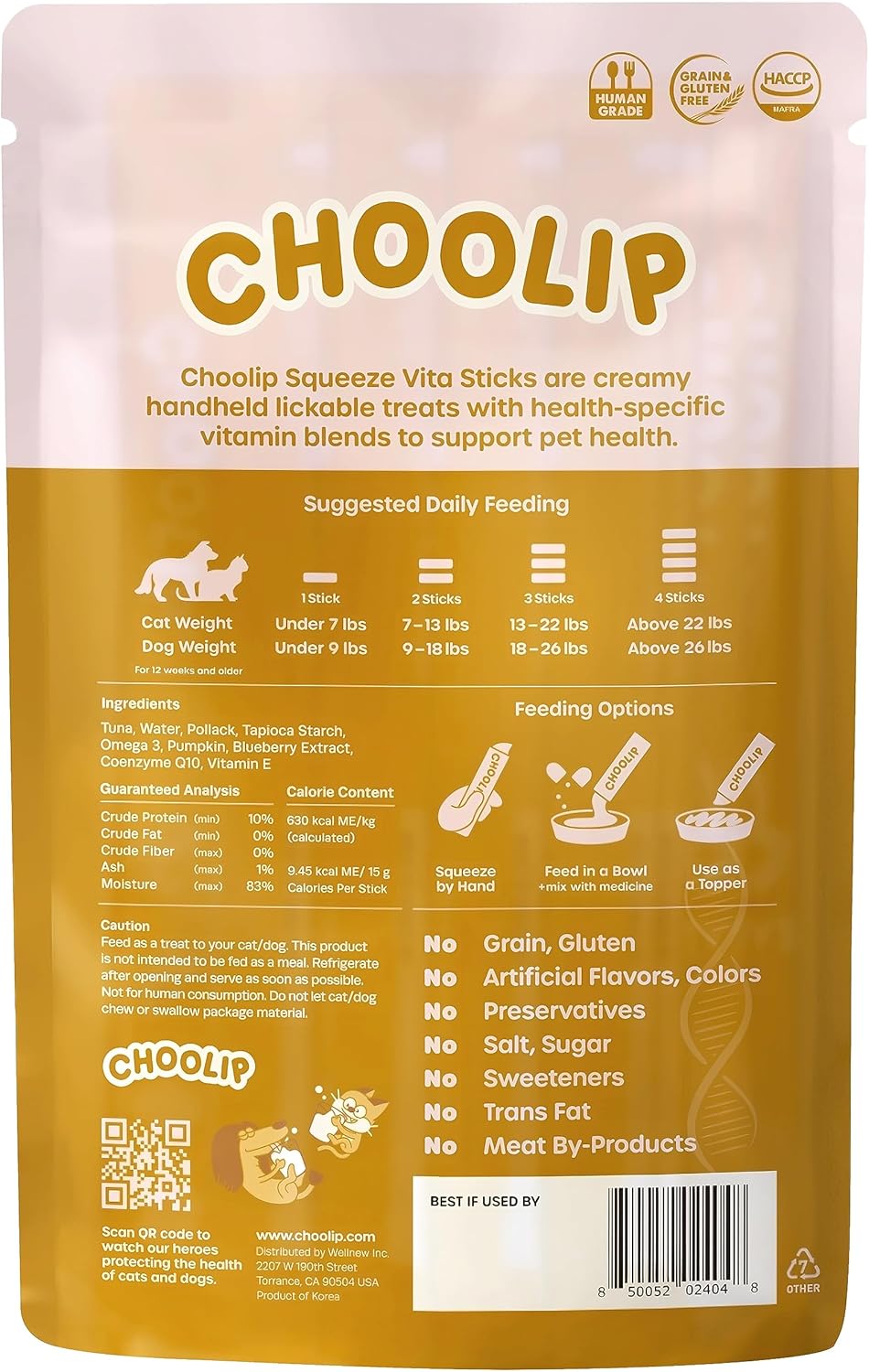 Choolip Squeeze Vita Stick Lickable Cat and Dog Treats, 7-Count Kidney Support, Tuna and Pollack with Cranberry, CoQ10 and Omega-3, Grain-Free, Vet-Formulated