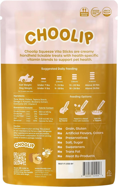 Choolip Squeeze Vita Stick Lickable Cat and Dog Treats, 7-Count Kidney Support, Tuna and Pollack with Cranberry, CoQ10 and Omega-3, Grain-Free, Vet-Formulated
