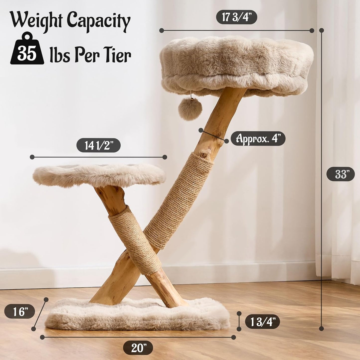 Natural Wood Cat Tree for Indoor Cats Adults, 33in Modern Cat Tree Tower with Super Soft Plush Cat Bed & Perch, Sisal Scratching Posts and Hanging Plush Ball, Soft Khaki
