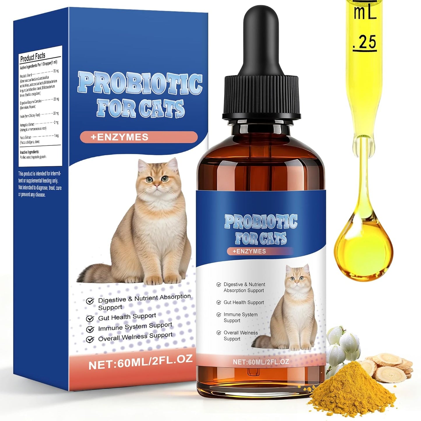 Cat Probiotics for Digestive Support - 60ml Probiotic for Cats with Digestive Enzymes & Prebiotics Supports Gut Health, Immune System