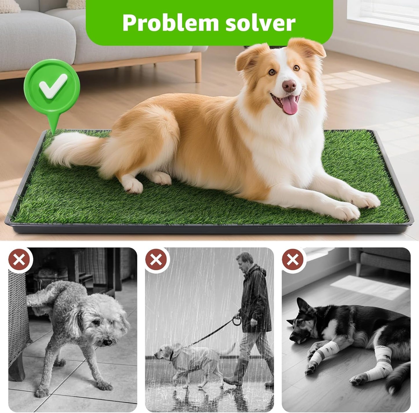 LOOBANI 35x23in Large Dog Litter Box: Dog Grass Pad with Tray with 2×Artificial Grass Pads + 1×Drainage Grate - Quickly Absorbent Portable Patio Potty for Balcony Apartment Indoor Outdoor Use