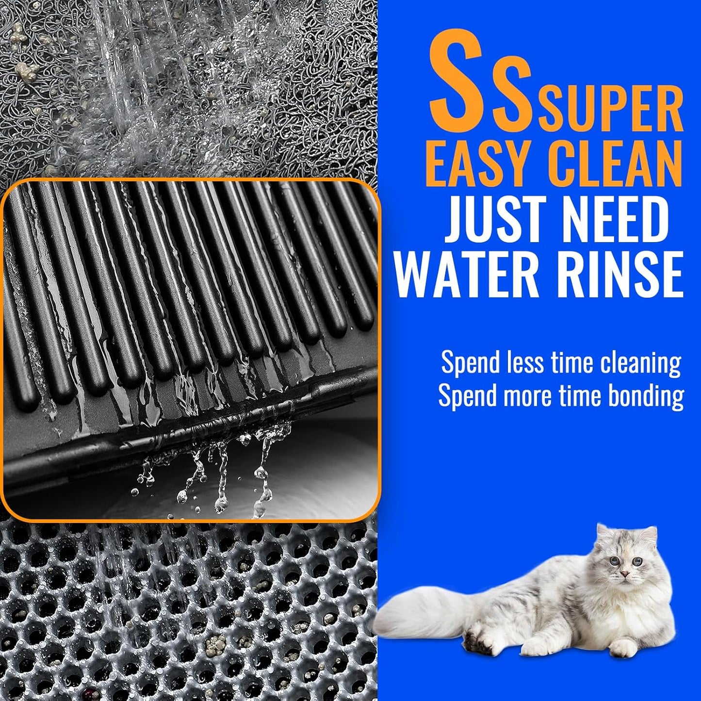 Easy Clean Litter Mat: Grooved Design Large Litter Trapping Mat Easy to Clean – Urineproof Surface Cat Box Rug with Raised Edges for Cats with Urinary Issues (Black, 31”x24”)