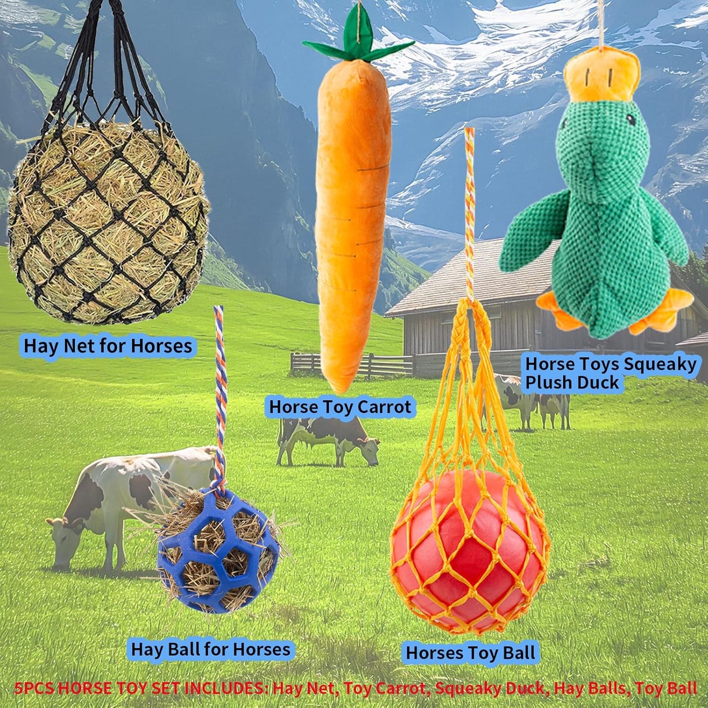 Horse Toys for Horses 5 PCS Set, Goats Enrichment Toys, Including Hay Net, Hay Ball, Toy Ball, Squeaky Duck, Plush Carrot Toy with Hanging Ropes for Goat,Sheep to Play with, Relieve Stress