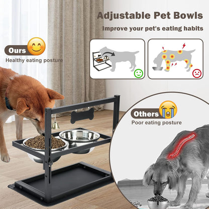 Elevated Dog Bowls with Slow Feeder for Large Dogs – Adjustable Raised Stand with 2 Stainless Steel Bowls & Spill-Proof Mat, Non-Slip Dog Feeder for Large & Medium Dogs (Black)
