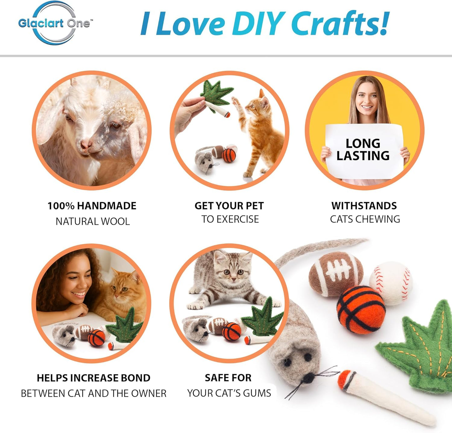 Glaciart One Indoor Catnip Cat Toy Pack - 6pc | Kitty Toys Include Wool Balls, Mouse & Joint Set| for Activity, Exercise & Play | Filled w/Organic Catnip to Excite/Calm Pet | Great Gift Idea