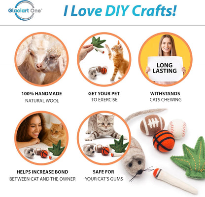 Glaciart One Indoor Catnip Cat Toy Pack - 6pc | Kitty Toys Include Wool Balls, Mouse & Joint Set| for Activity, Exercise & Play | Filled w/Organic Catnip to Excite/Calm Pet | Great Gift Idea