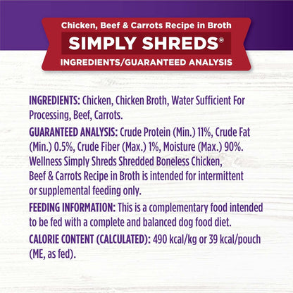 Wellness Bowl Boosters Simply Shreds Wet Dog Food Topper for Small, Medium, & Large Breeds, Grain Free, Natural, Chicken Variety Pack, 2.8 Ounce Pouch (Pack of 12)