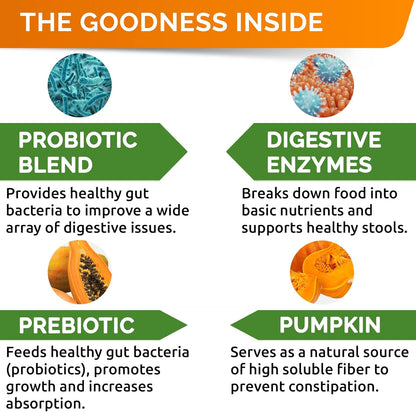 Vet Strength Dog Probiotics Treats + Digestive Enzymes + Prebiotics - Chewable Fiber w/Pumpkin - Allergy, Diarrhea, Gas, Constipation - 120Ct (Pack of 1) Bacon