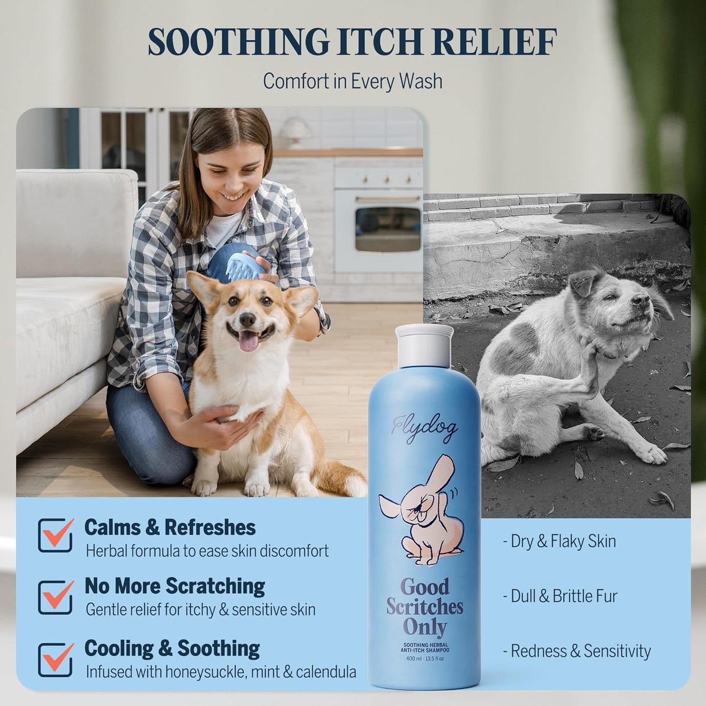 FLYDOG Dog Cat Shampoo Itchy Skin Relief: Natural Herbal Hypoallergenic Pet Shampoo, Deshedding Dandruff Control Deodorizing Moisturizing for Dry Flaky Smelly Skin, Perfect for Puppies Kittens