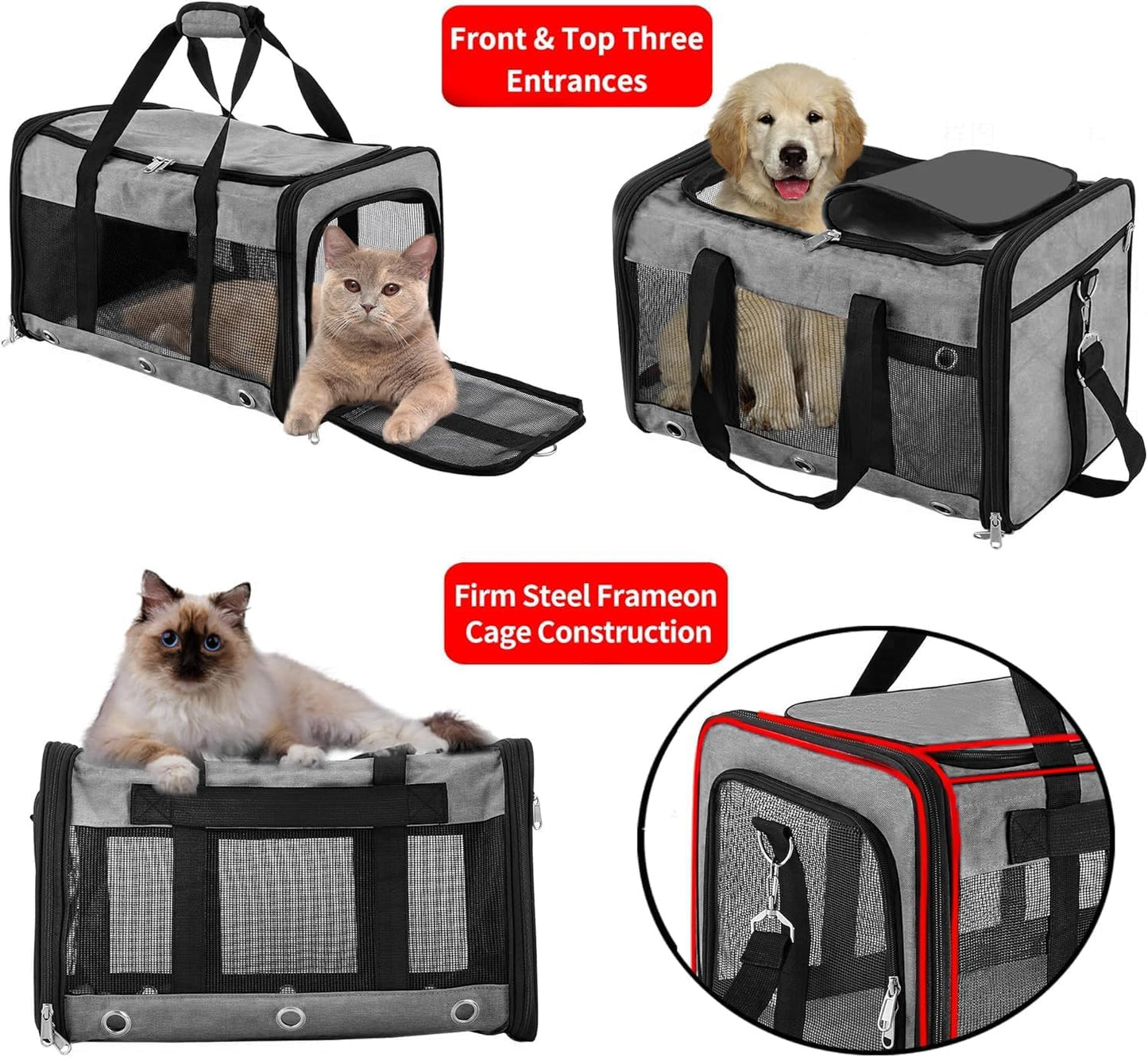 Soft Sided Cat/Dog Carrier，Collapsible Mesh Pets Travel Carriers for Pet/Puppy with Shoulder Strap & Removable Mat，Top Load Small Dogs/Cats Carry Bag Up to 25 Lbs（Grey - L）