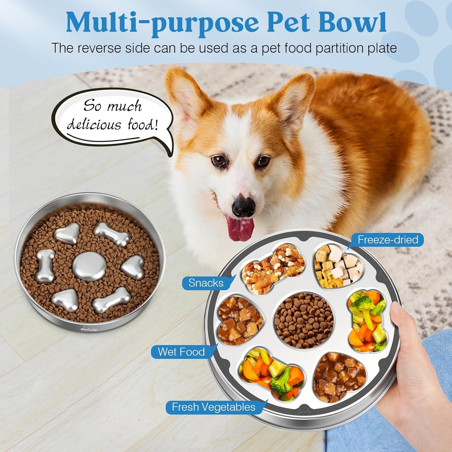 Slow Feeder Dog Bowls, 304 Stainless Steel Slow Feeder Bowl 5 Cups Metal Pet Food Bowl with Non-Slip Base for Medium & Large Breed, Bloat Stop, Dishwasher Safe