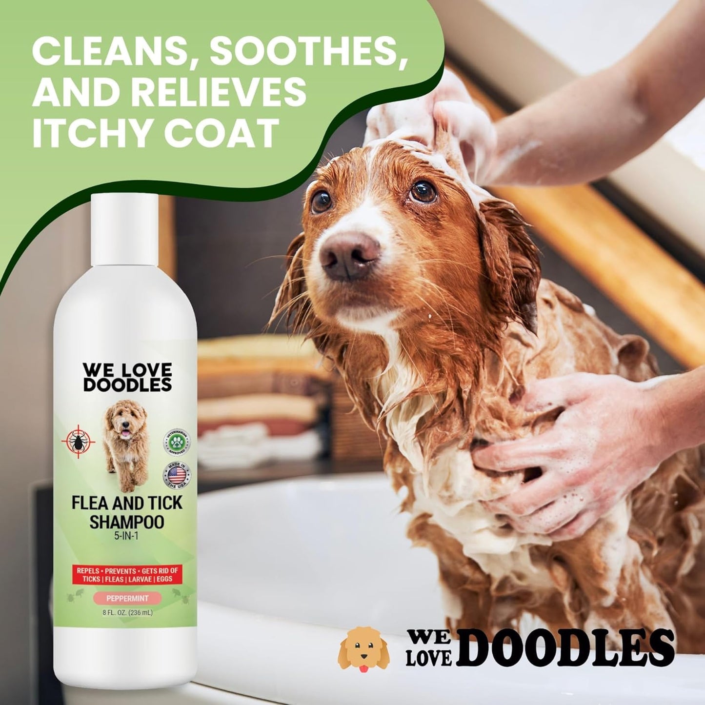 We Love Doodles Flea Shampoo for Dogs - Stops Fleas & Ticks for Dogs, Natural, Safe & Effective Lice Treatment, Soothing Shampoo for Sensitive Skin, Made in USA (8 fl oz)