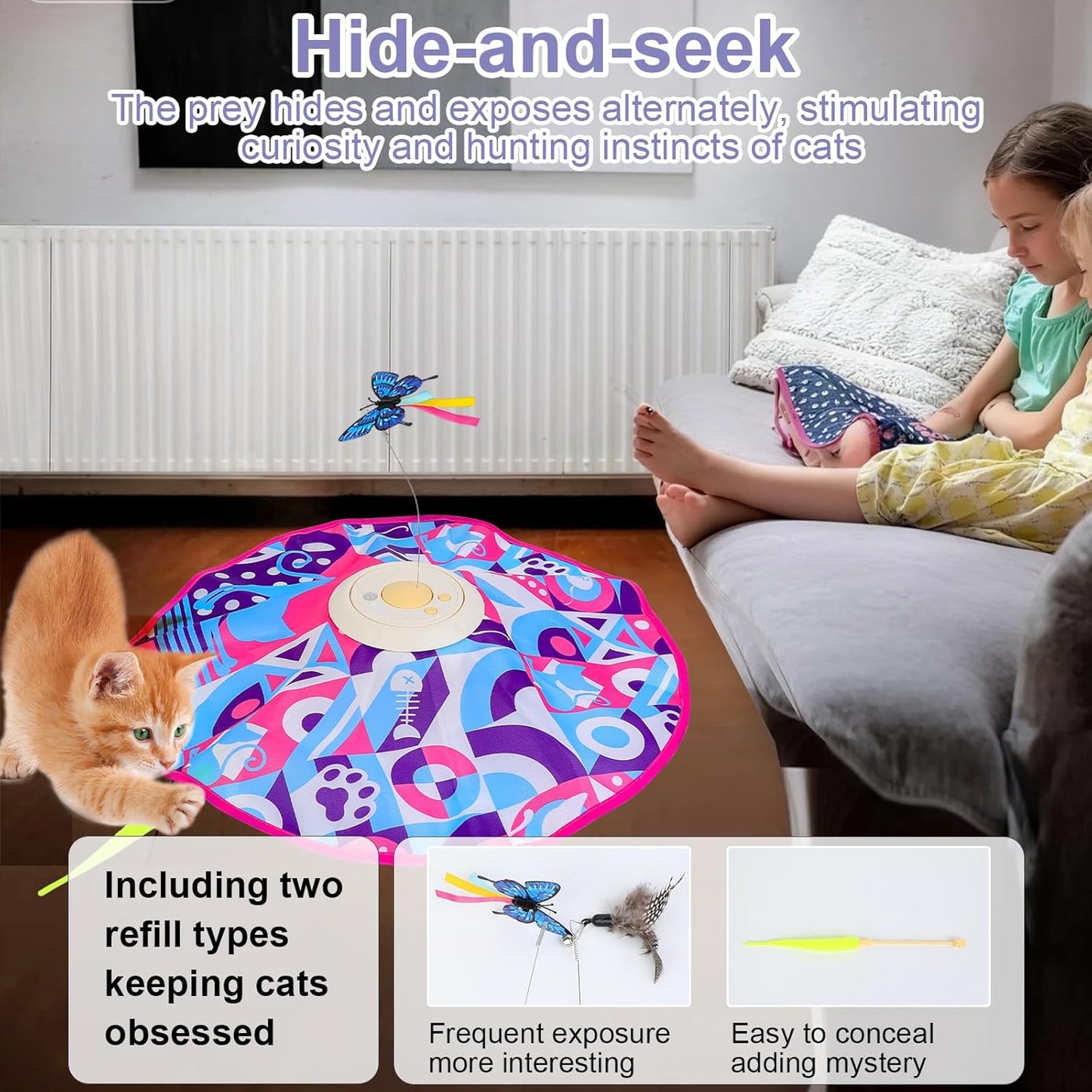 Wn's Day Rechargeable Cat Toys,Hide and Seek Game Interactive Cat Toys for Indoor Cats,Moving Wand Feather Cat Stimulation Toys,Touch Activated Cat Enrichment Toys for Bored Indoor Adult Cats(Pink)