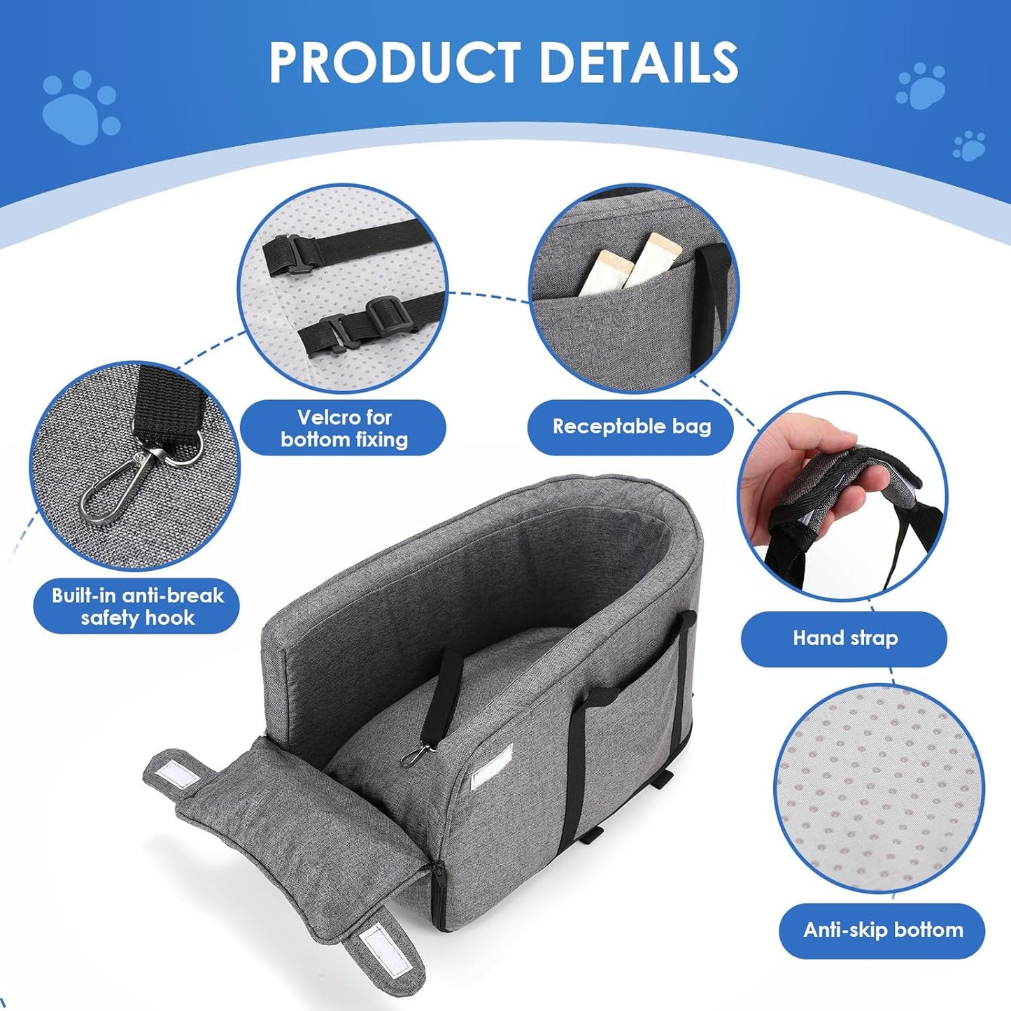 Dog Car Seat for Small Dogs, Center Console Dog Car Seat with Storage Pockets and Clip-On Safety Leash, Detachable and Washable Dog Booster Car Seat, Portable Dog Travel Carrier Bed(Grey)