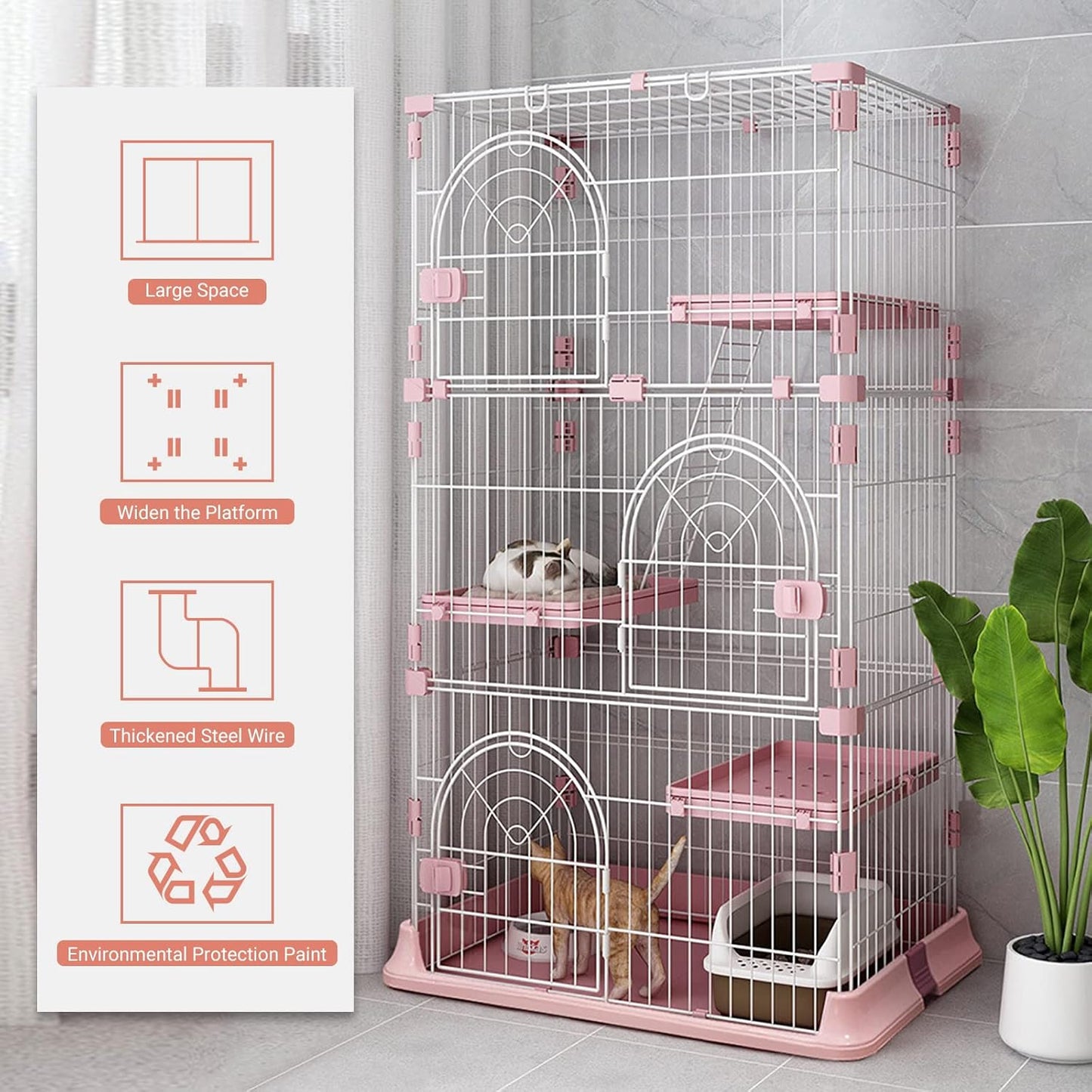 4-Tier Wire Cat Cage Playpen Kennel, 64 Inch Cat Catios Large Space for 1-3 Cats, Pink Cat Crate with 3 Platforms 3 Front Doors 2 Ramp Ladders (Large - 64.4" H x 32.6" L x 23.6" W)