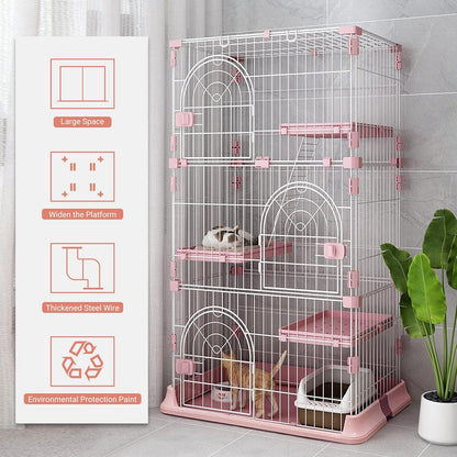 4-Tier Wire Cat Cage Playpen Kennel, 64 Inch Cat Catios Large Space for 1-3 Cats, Pink Cat Crate with 3 Platforms 3 Front Doors 2 Ramp Ladders (Large - 64.4" H x 32.6" L x 23.6" W)