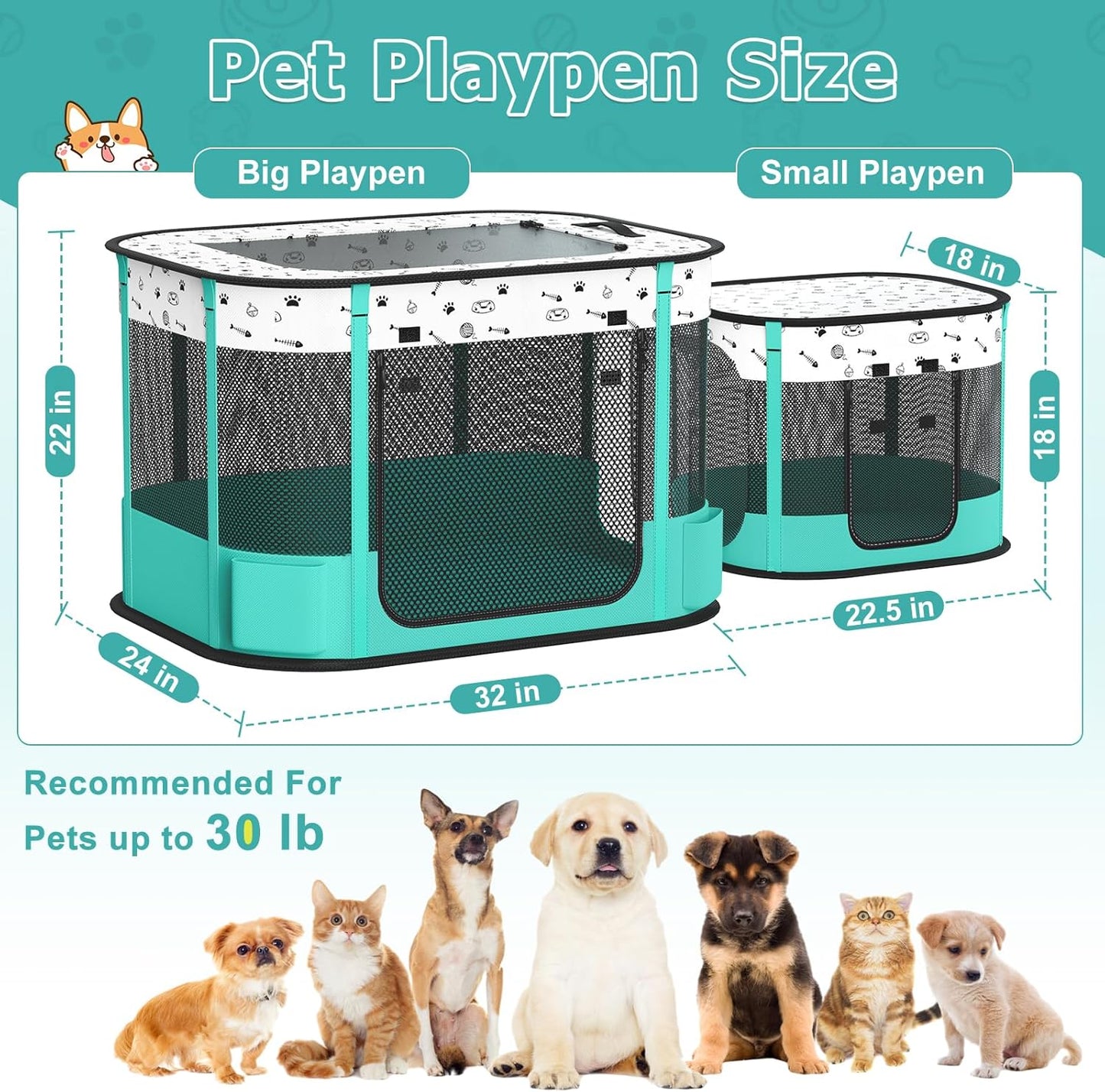 Portable Cat Playpen, Foldable Pet Dog Playpen, for Kitten Puppy Play Pen Indoor/Outdoor, Cats Enclosure Cages Tent with Carrying Case, 600D Oxford 8-Rods, 32"x24"x22"