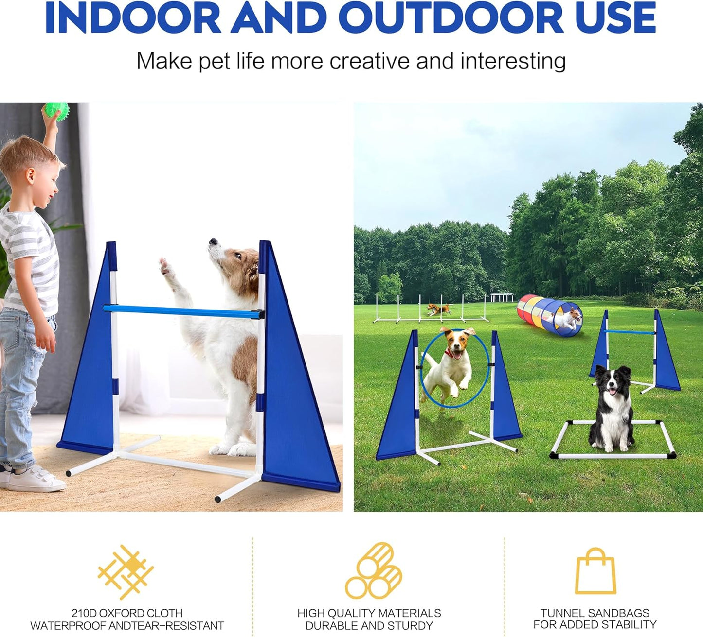 Dog Agility Training Equipment,Course Backyard Set Training Equipment for Dogs Pet Outdoor Game with Yellow, Blue and Red Tunnel, Agility Hurdle, Poles, Jump Ring, Pause Box, Toy Balls and Storage Bag