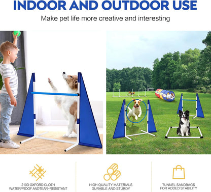 Dog Agility Training Equipment,Course Backyard Set Training Equipment for Dogs Pet Outdoor Game with Yellow, Blue and Red Tunnel, Agility Hurdle, Poles, Jump Ring, Pause Box, Toy Balls and Storage Bag