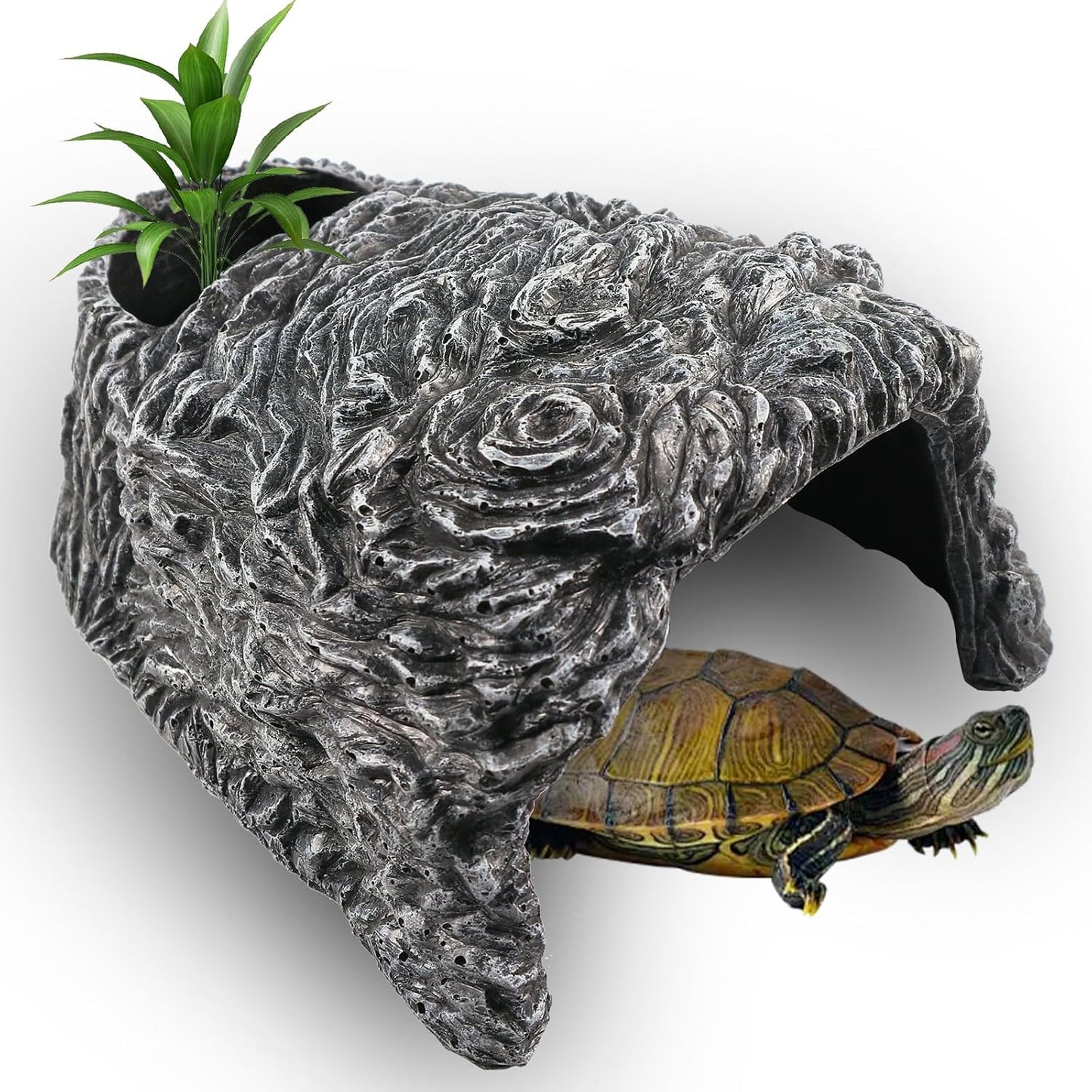 Extra Large Reptile Hide Cave, Resin Rock Habitat Decor, Basking Platform for Terrarium & Aquarium, Oversize Hideout for Bearded Dragons, Lizards, Snakes, Turtles (10.23" L x 9.44" W x 5.7" H)