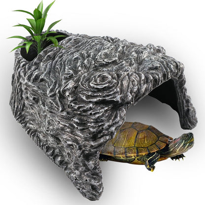 Extra Large Reptile Hide Cave, Resin Rock Habitat Decor, Basking Platform for Terrarium & Aquarium, Oversize Hideout for Bearded Dragons, Lizards, Snakes, Turtles (10.23" L x 9.44" W x 5.7" H)