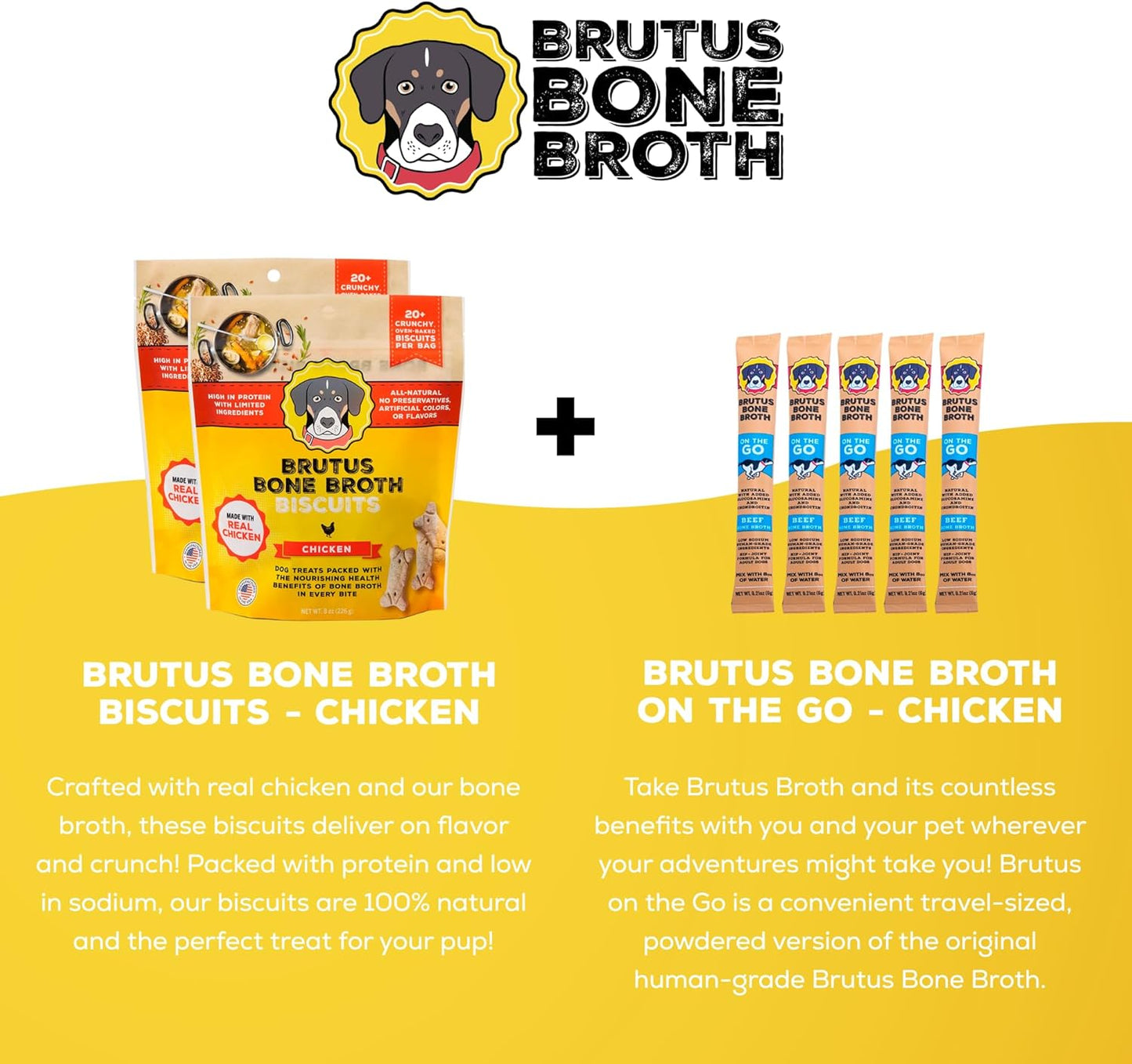 Brutus Bone Broth Bundle Pack - Chicken Biscuits Dog Treats, Pack of 2 (8oz) and Bone Broth Powder, Pack of 5 (6g) - All Natural with Glucosamine, Chondroitin & Turmeric