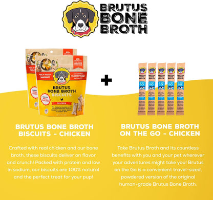 Brutus Bone Broth Bundle Pack - Chicken Biscuits Dog Treats, Pack of 2 (8oz) and Bone Broth Powder, Pack of 5 (6g) - All Natural with Glucosamine, Chondroitin & Turmeric