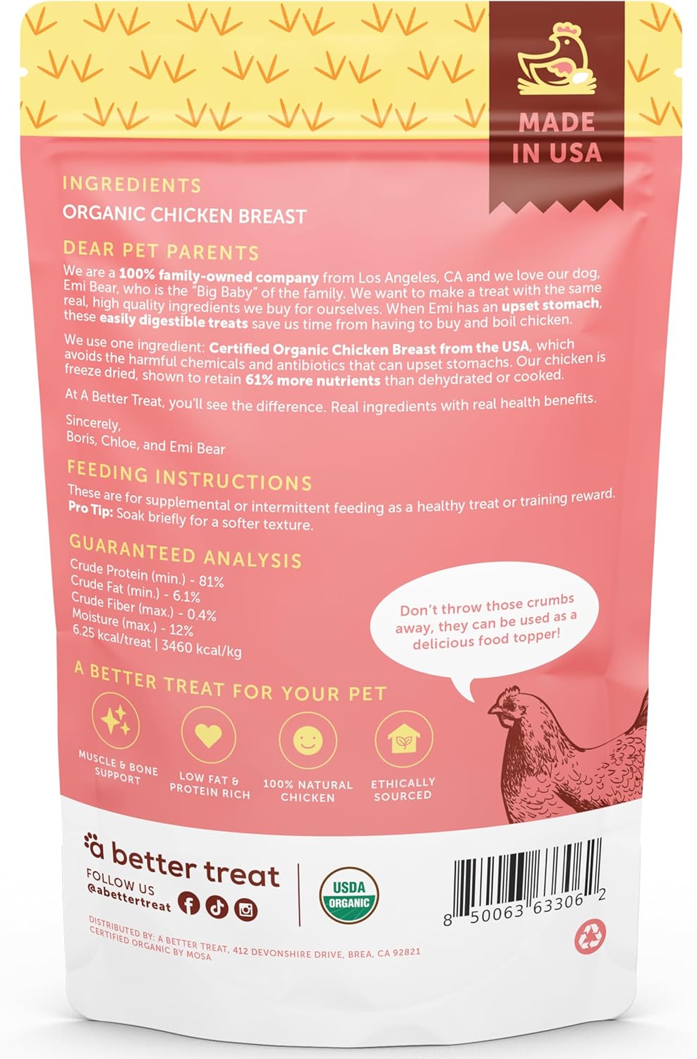 A Better Treat – Organic Freeze Dried Chicken Breast Dog Treats, Organic, Single Ingredient | Natural Healthy High Value | Gluten Free, Grain Free, High Protein, Diabetic Friendly | Made in The USA