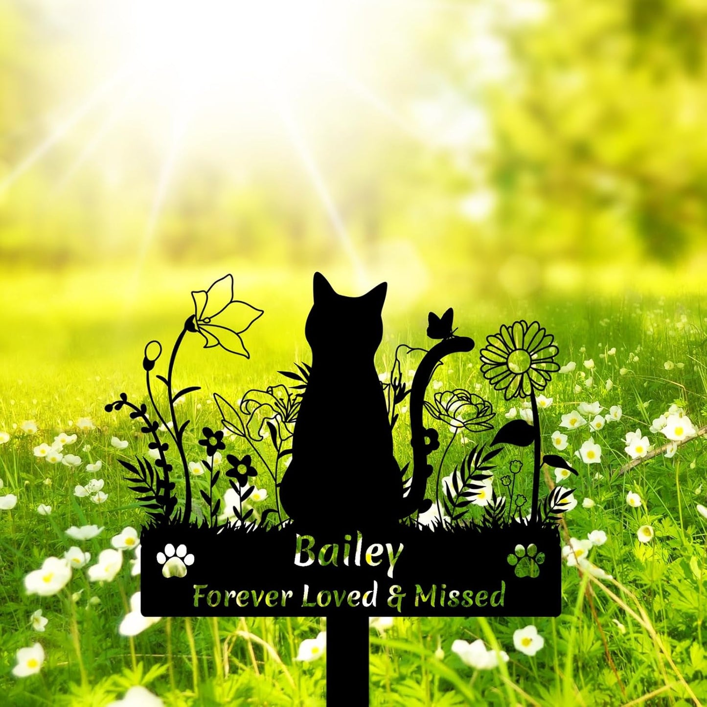 Custom Cat Name Memorial Grave Stake Marker, Personalized Floral Cat Memorial Grave Marker, Customized Flowers Butterfly Cat Memorial Stake Outdoor Metal Grave Plaque Cat Memorial Statue