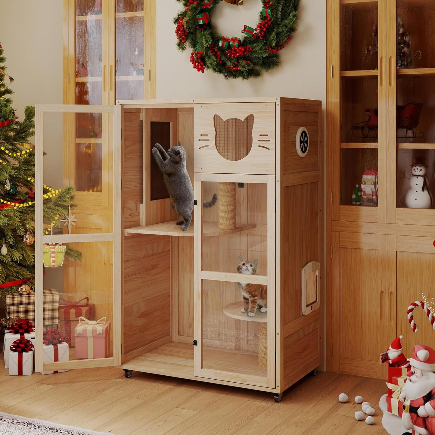 COZIWOW Large Wooden Cat House with Scratching Posts, Multi-Level Indoor Cat Enclosure with Acrylic Doors, Ventilation Holes, and Wheels (Natrual Wood)