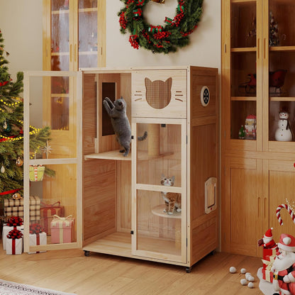 COZIWOW Large Wooden Cat House with Scratching Posts, Multi-Level Indoor Cat Enclosure with Acrylic Doors, Ventilation Holes, and Wheels (Natrual Wood)