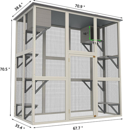 Wooden Catio Outdoor Cat Enclosure,71" H Outdoor Cat House W/ 8 Jumping Platforms & 2 Napping Houses,Walk-in Cat Patio Enclosure W/ 2 Safety Latches Doors & Weatherproof Asphalt Roof,Gray