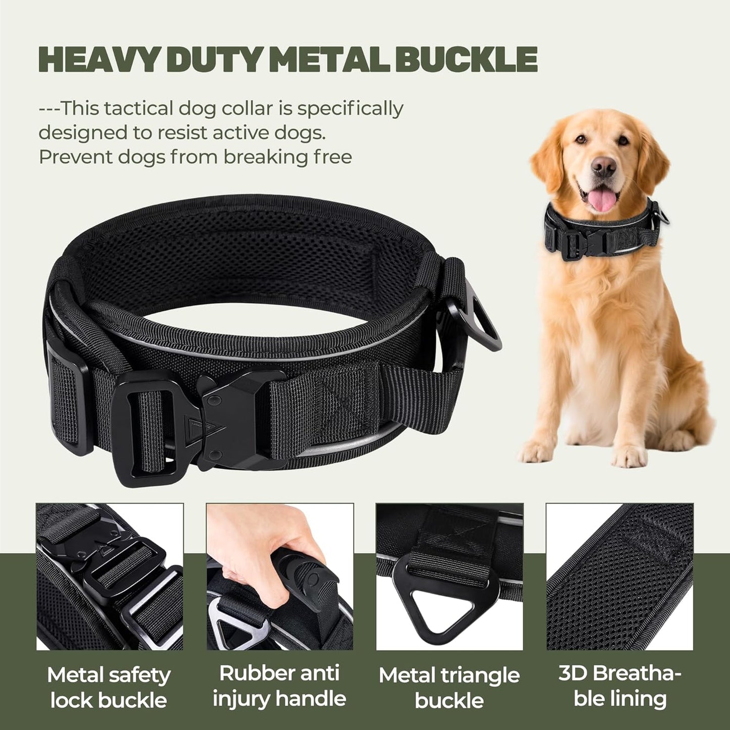 Tactical Dog Collar with Airtag Pocket, Adjustable Military Training Nylon Dog Collar, Reflective Collar with Control Handle and Heavy Duty Metal Buckle for Medium Large Dog(Black,L)