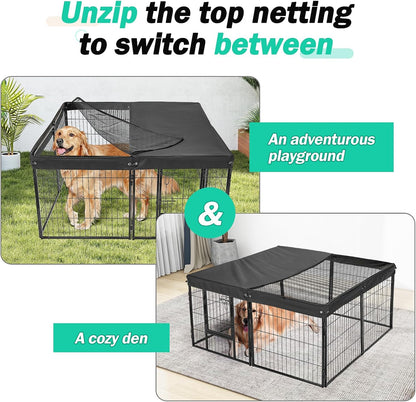 Dog Playpen Cover,Top Dog Pen Cover for 47in 4 Panels Play Pen,Escape-Proof Playpen Covers Indoor/Outdoor(Black, with Half Mesh)(Playpen Not Included)