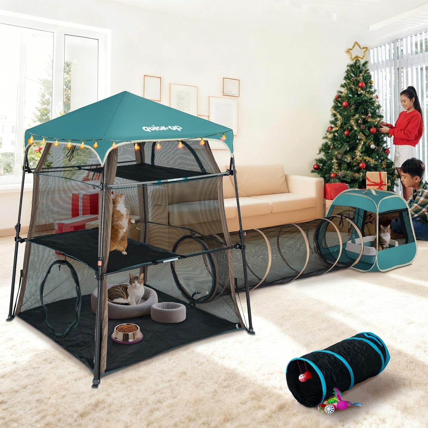 Extra Large catio Outdoor cat Enclosure,3-in-1 Cat Tower Tent with Tunnel/Pop Up Cube, Portable Catio,Cat Tent,Foldable Cat Enclosure for Indoor/Outdoor/Camping Weatherproof & Sunproof(Patented)