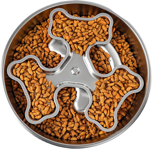 Stainless Steel Rotating Bone-Shaped Slow Food Bowl, 304 Grade Anti-Spill Pet Feeder for Dogs and Cats