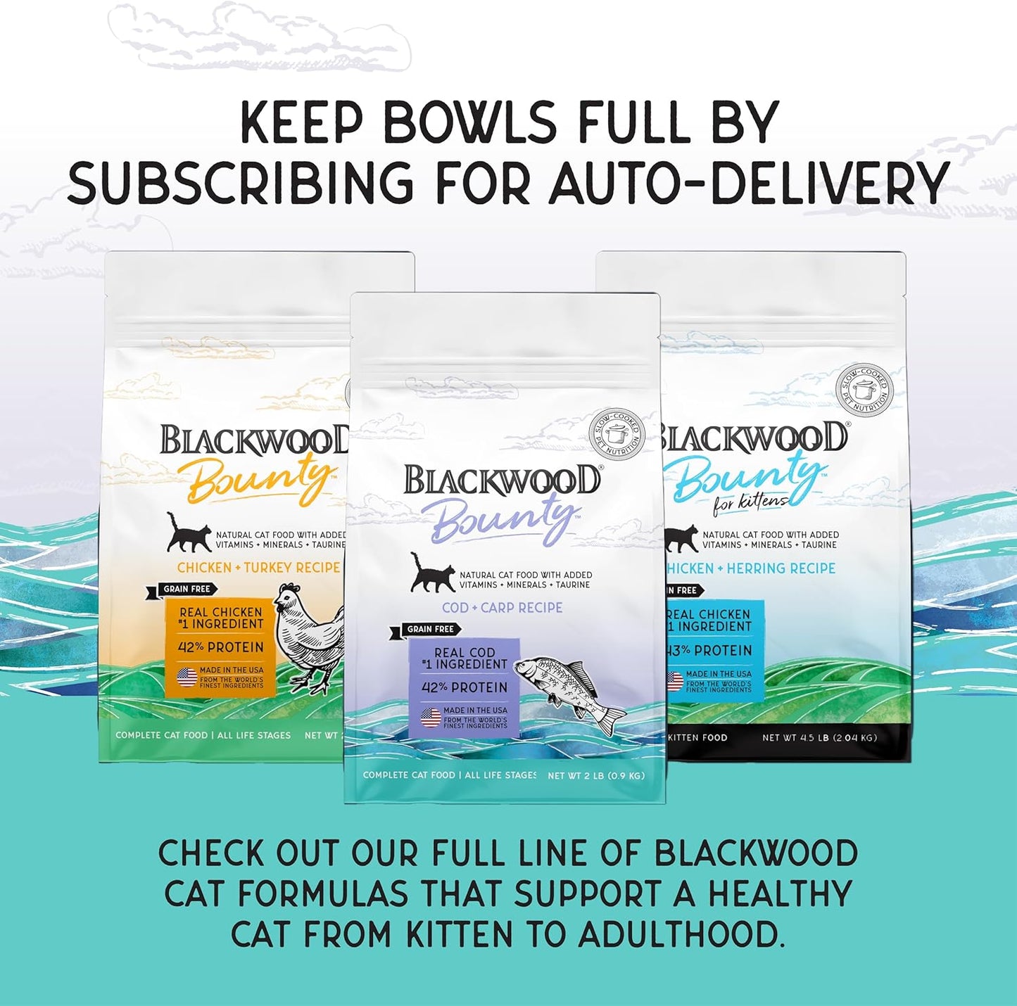 Blackwood Bounty Dry Cat Food, Cod & Carp Recipe for All Life Stages, 2 Pound Bag, High Protein, Grain Free