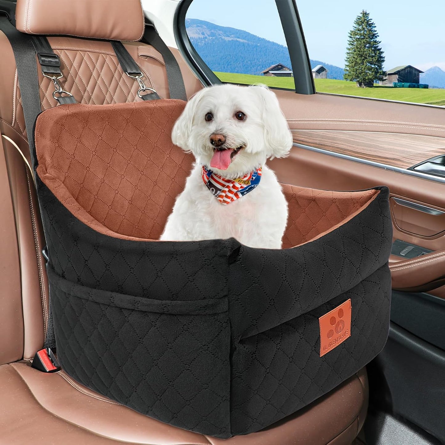 Dog Car Seat for Small/Medium Dogs, Dog Booster Car Seats with Thick Cushion for Dogs Under 35 lbs, Detachable Washable Pet Carseat with Storage Pockets, 2 Safety Belts(Black/Brown)