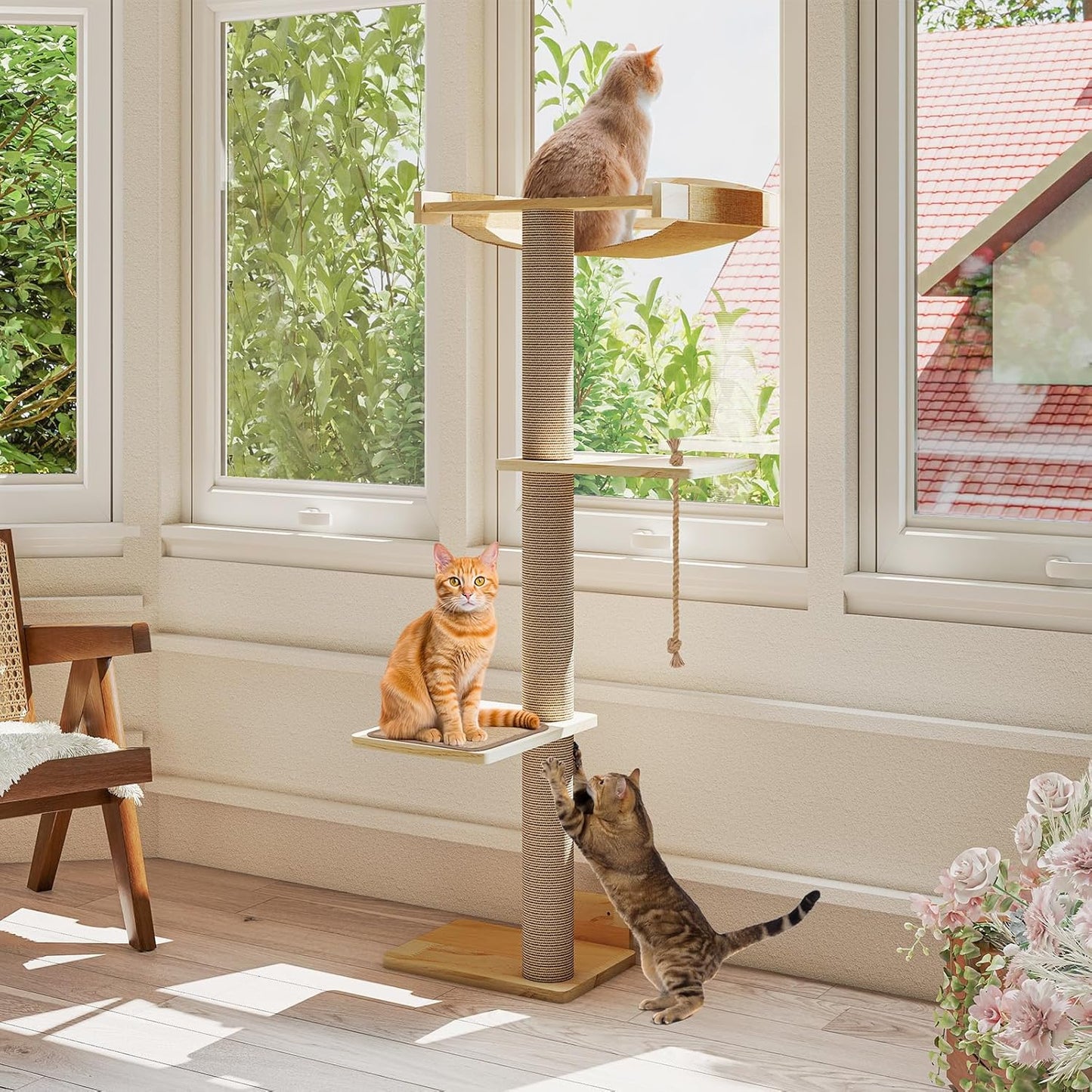 Cat Window Perch with Scratching Post & Step, 47" Adjustable Window Perch for Large Cats, Cat Hammock for Window with Suction Cups, Multi-Level Cat Tree for Climbing, Sunbath, Bird Watching