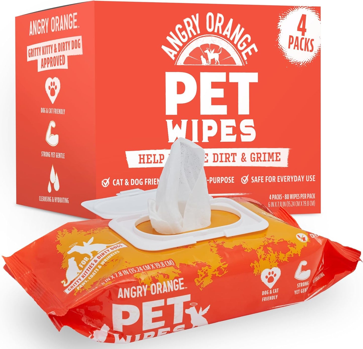 ANGRY ORANGE Pet Wipes for Dogs and Cats - Unscented and Gentle Grooming Wipes for Paws, Fur and Butt - 320 Count - Value 4 Pack