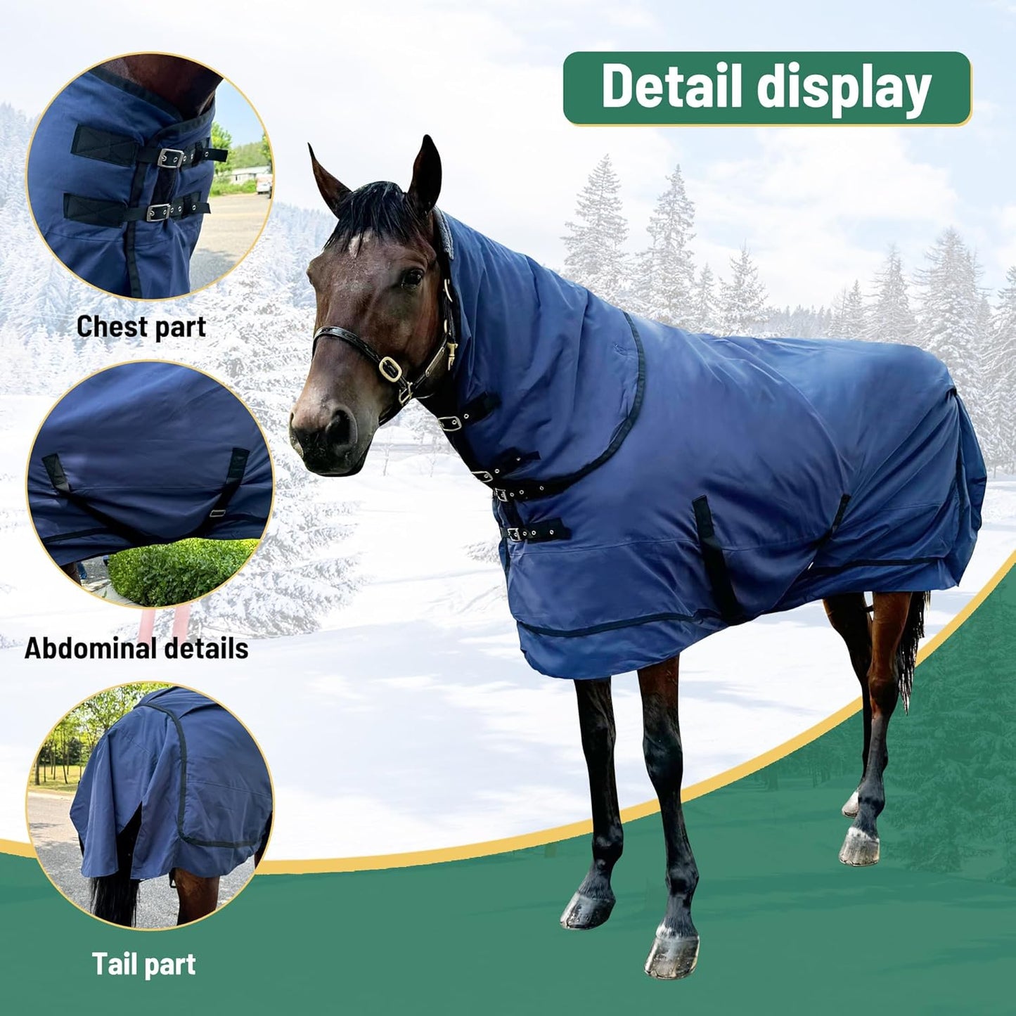 Waterproof Horse Turnout Blanket - Medium Weight Winter Blanket (220g Fill) with Detachable Neck Cover - Blue - 72 in