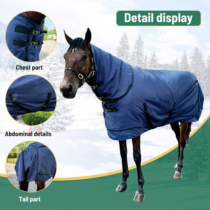 Waterproof Horse Turnout Blanket - Medium Weight Winter Blanket (220g Fill) with Detachable Neck Cover - Blue - 72 in