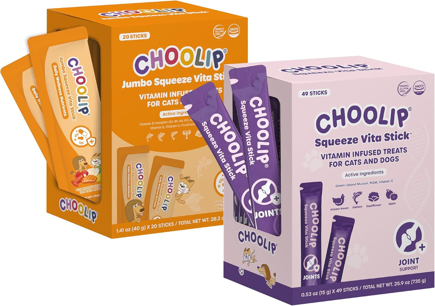 Choolip Bundle | 20pc Jumbo Squeeze Vita Sticks with Essential multivitamins + 49 Joint Support Squeeze Vita Sticks with Essential multivitamins [Both Products are for Cats & Dogs of All Life Stages]