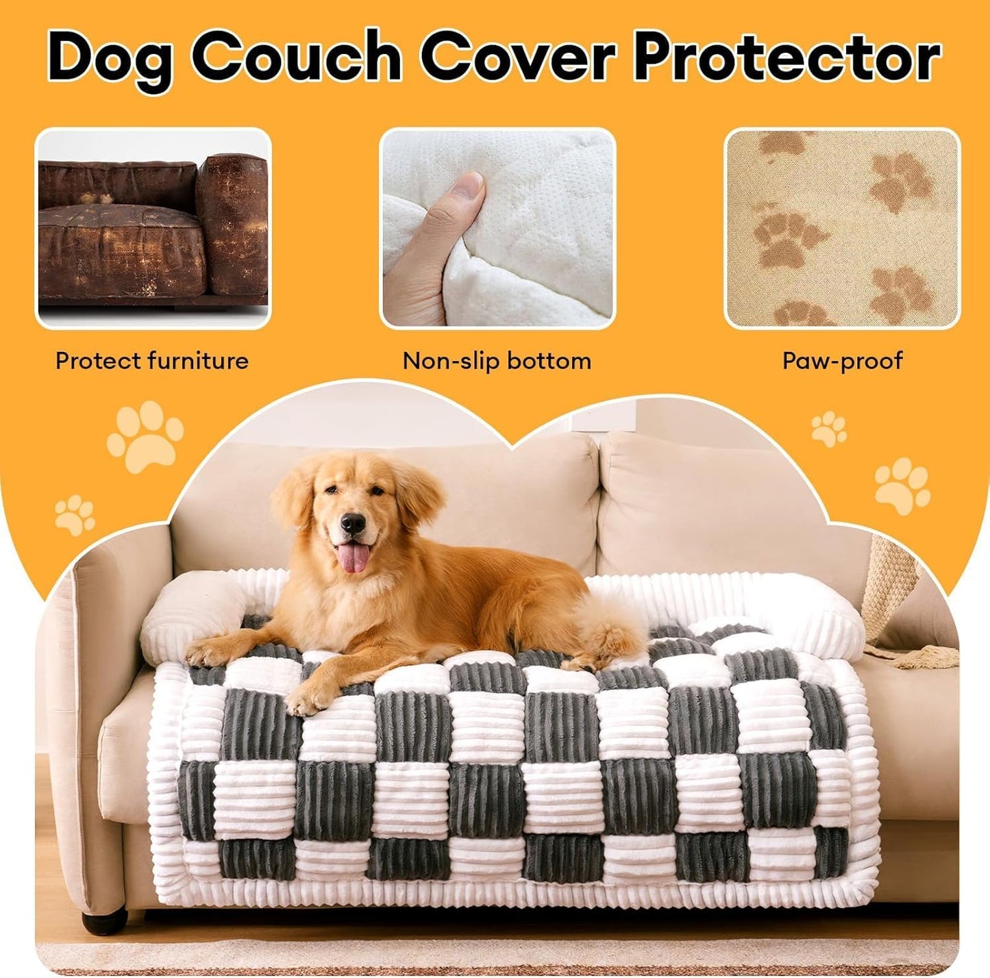 FUNNY FUZZY Couch Cover for Dogs, Loveseat Covers Bed for Large Dogs Cream Plaid Washable Pet Mat for Furniture Protector for Car Seat, X-Large, Black
