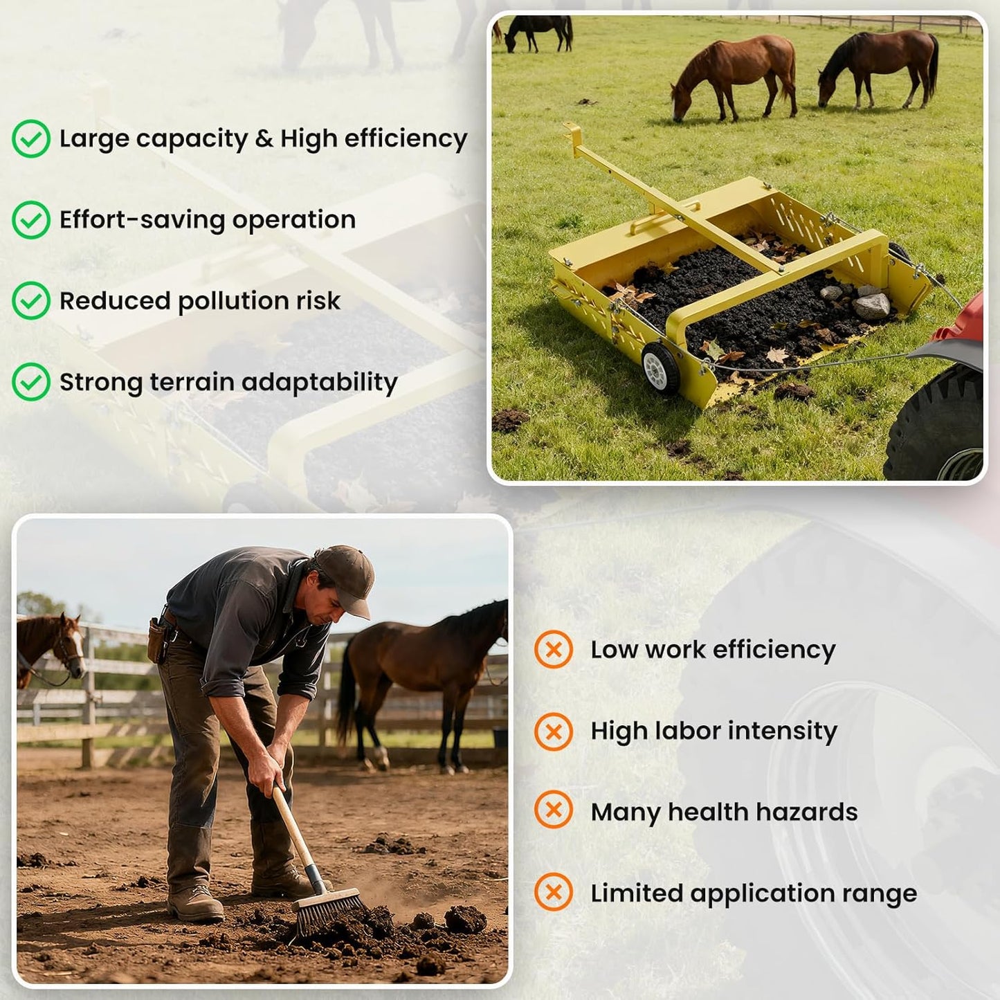 2-in-1 Horse Paddock Cleaner & Tow-Behind Trailer, Heavy Duty Manure Fork & Scoop, Efficient Yard Sweeper for Horse Manure, Drag Collector for Pasture/Yard Easy Cleanup